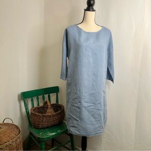 Rose Marine Light Blue 100% Linen Dress 3/4 Sleeve Dress Size Large
